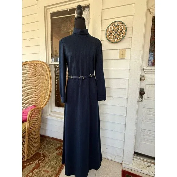 Vintage 70's Navy Blue LeRok Korell Knit Maxi Dress With Belt Sz M - Picture 11 of 16